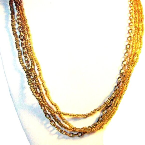 Vintage Gold Tone Multi Strand Necklace Glass Seed Bead Chain Layered 20” - Picture 1 of 5